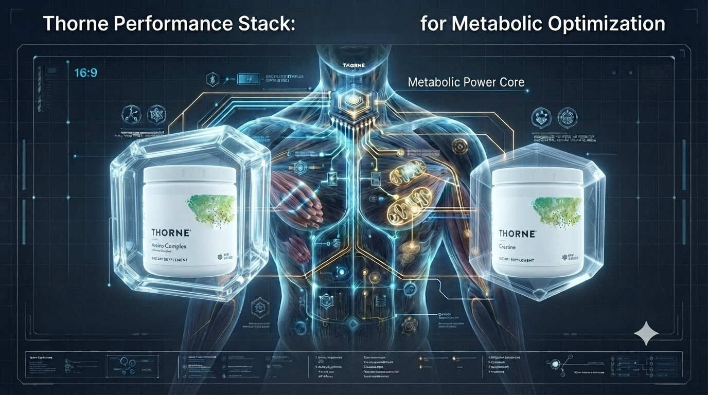 Thorne Performance Stack. Technical visualization in cyber-biological engineering: human torso with a HUD interface highlighting jars of Thorne Amino Complex and Creatine Monohydrate for metabolic optimization.